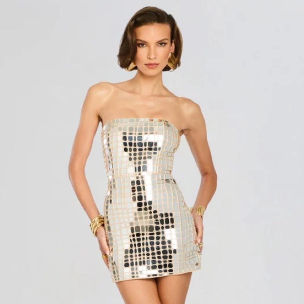 Retrofete Kailedo Embellished Mirror Strapless Mini Dress Ballerina Gold Silver
